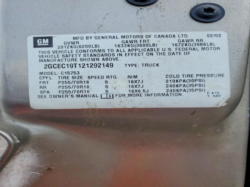 52704516 :رقم المزاد ، 2GCEC19T121292149 vin ، 2002 Chevrolet Silverado مزاد بيع