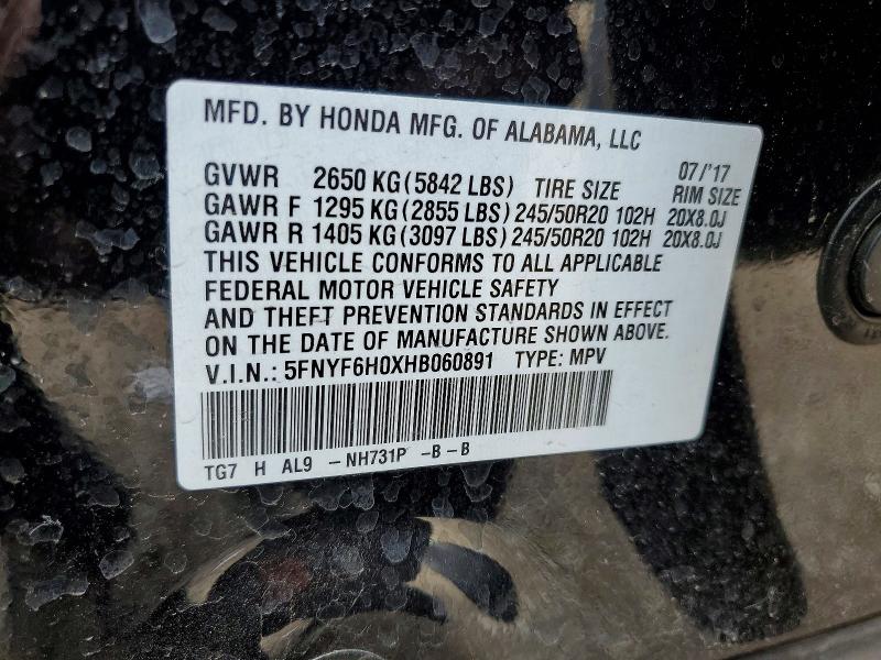 53940766 :رقم المزاد ، 5FNYF6H0XHB060891 vin ، 2017 Honda Pilot مزاد بيع
