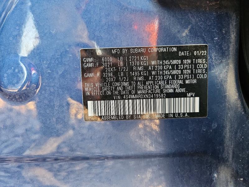 2022 Subaru Ascent მანქანა იყიდება აუქციონზე, vin: 4S4WMARDXN3419582, აუქციონის ნომერი: 53040936