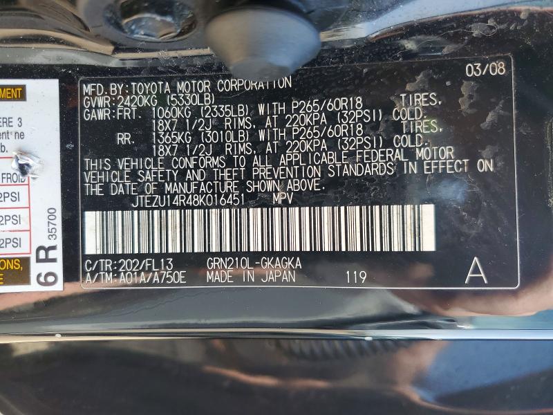 Aukcja sprzedaży 2008 Toyota 4runner, vin: JTEZU14R48K016451, numer aukcji: 52493216