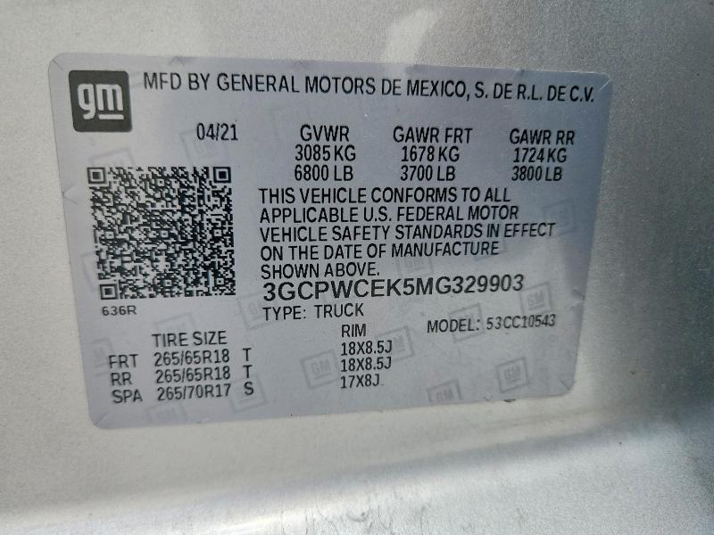 Aukcja sprzedaży 2021 Chevrolet Silverado, vin: 3GCPWCEK5MG329903, numer aukcji: 53423816