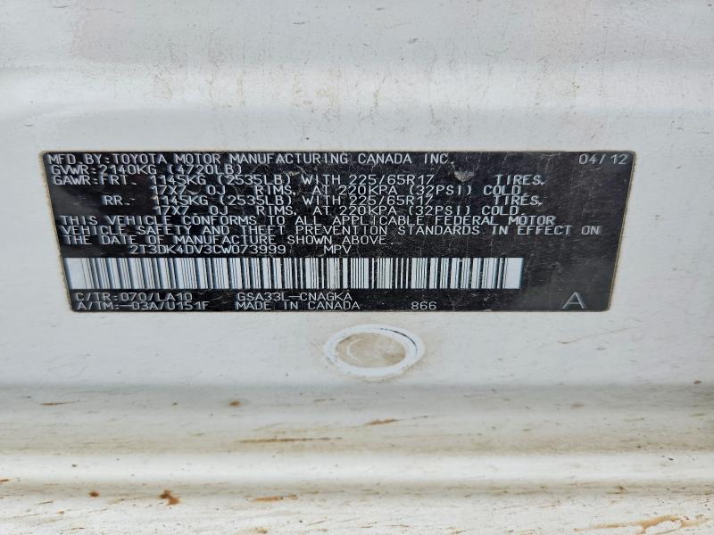 2012 Toyota Rav4 მანქანა იყიდება აუქციონზე, vin: 2T3DK4DV3CW073999, აუქციონის ნომერი: 54730866