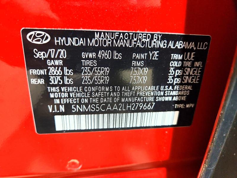 2020 Hyundai Santa Fe მანქანა იყიდება აუქციონზე, vin: 5NMS5CAA2LH279667, აუქციონის ნომერი: 52752906