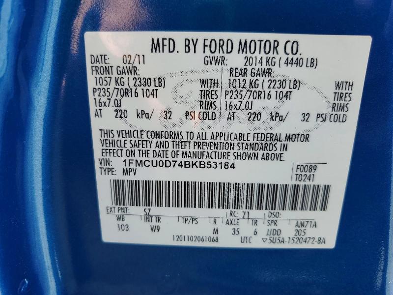 2011 Ford Escape მანქანა იყიდება აუქციონზე, vin: 1FMCU0D74BKB53184, აუქციონის ნომერი: 52100486