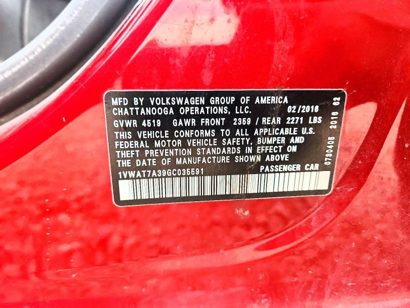 52478446 :رقم المزاد ، 1VWAT7A39GC035591 vin ، 2016 Volkswagen Passat مزاد بيع