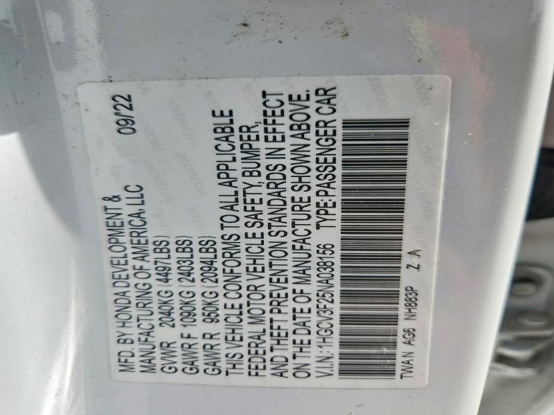 Aukcja sprzedaży 2022 Honda Accord, vin: 1HGCV3F25NA038156, numer aukcji: 54873496