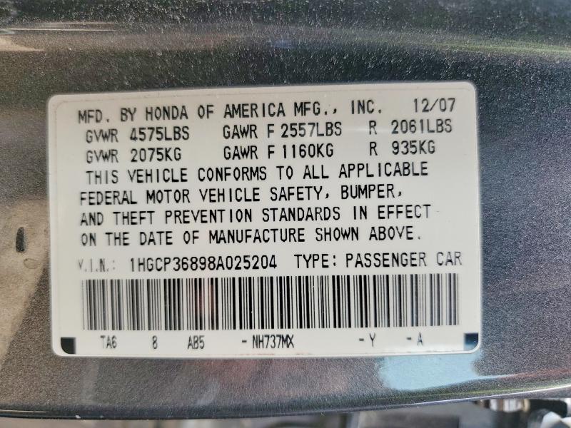 2008 Honda Accord მანქანა იყიდება აუქციონზე, vin: 1HGCP36898A025204, აუქციონის ნომერი: 52553976