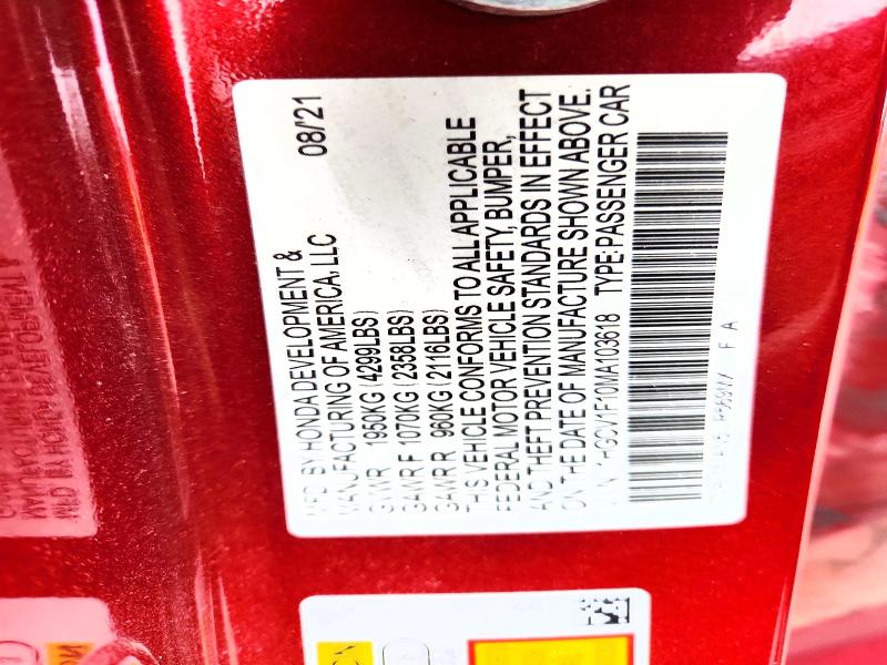 2021 Honda Accord მანქანა იყიდება აუქციონზე, vin: 1HGCV1F10MA103618, აუქციონის ნომერი: 54309886