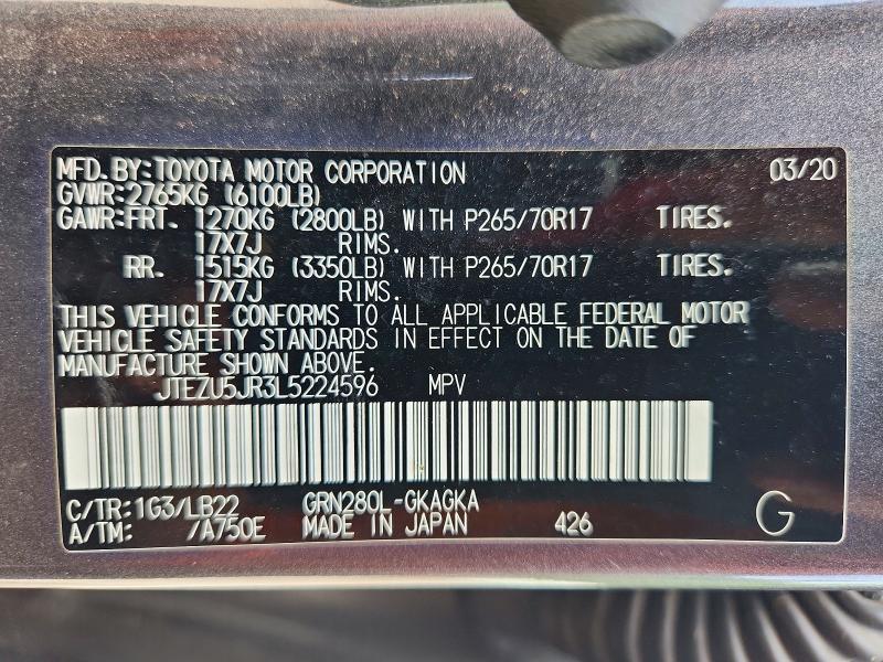Aukcja sprzedaży 2020 Toyota 4runner, vin: JTEZU5JR3L5224596, numer aukcji: 53780746