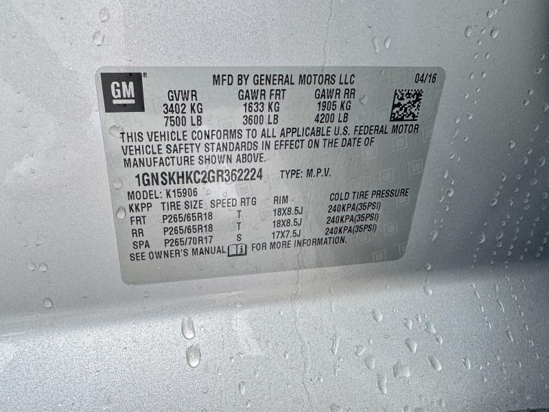 2016 Chevrolet Suburban მანქანა იყიდება აუქციონზე, vin: 1GNSKHKC2GR362224, აუქციონის ნომერი: 51917386