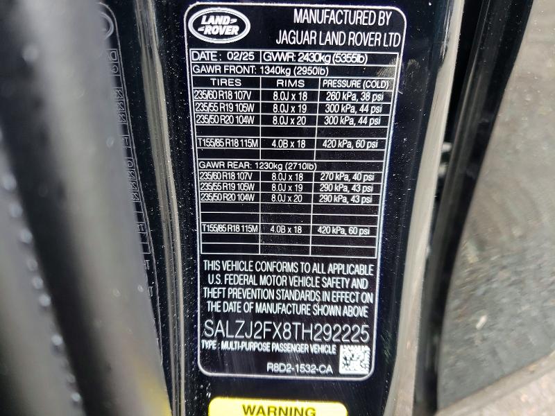 2026 Land Rover Range Rover Evoque მანქანა იყიდება აუქციონზე, vin: SALZJ2FX8TH292225, აუქციონის ნომერი: 53356846
