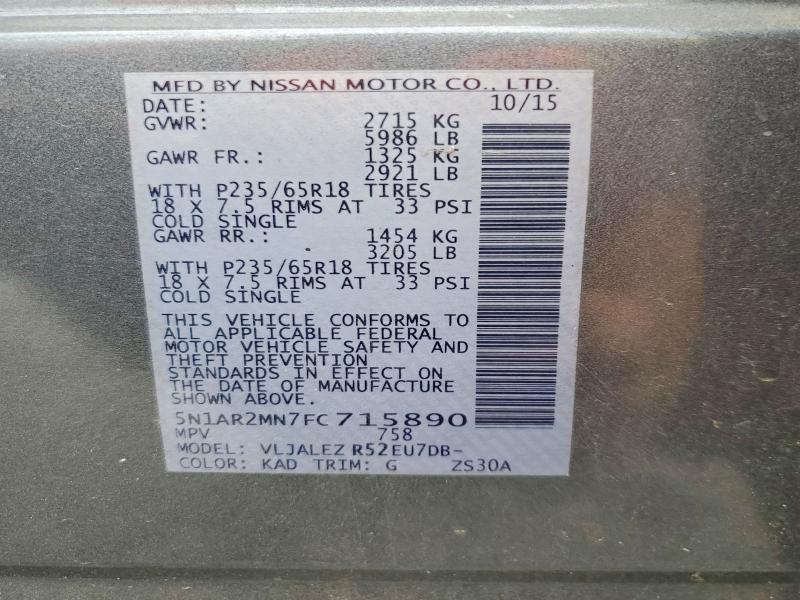 Aukcja sprzedaży 2015 Nissan Pathfinder, vin: 5N1AR2MN7FC715890, numer aukcji: 52384456