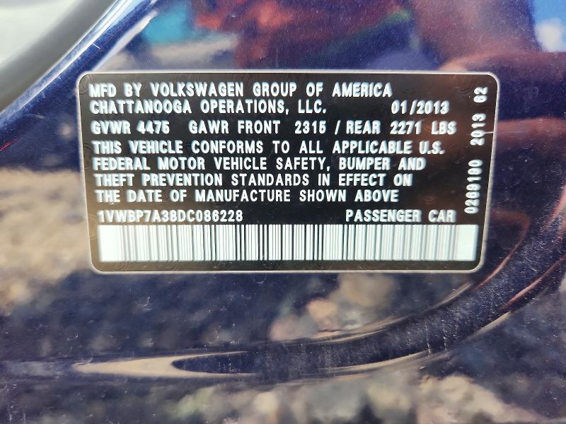 2013 Volkswagen Passat მანქანა იყიდება აუქციონზე, vin: 1VWBP7A38DC086228, აუქციონის ნომერი: 54832806