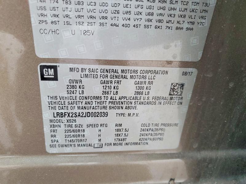 2018 Buick Envision მანქანა იყიდება აუქციონზე, vin: LRBFX2SA2JD002039, აუქციონის ნომერი: 52759216