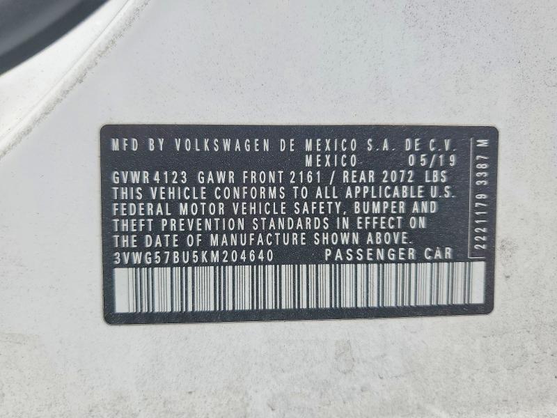 52776406 :رقم المزاد ، 3VWG57BU5KM204640 vin ، 2019 Volkswagen Jetta مزاد بيع