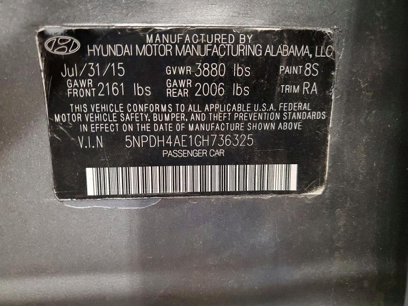 53710926 :رقم المزاد ، 5NPDH4AE1GH736325 vin ، 2016 Hyundai Elantra مزاد بيع