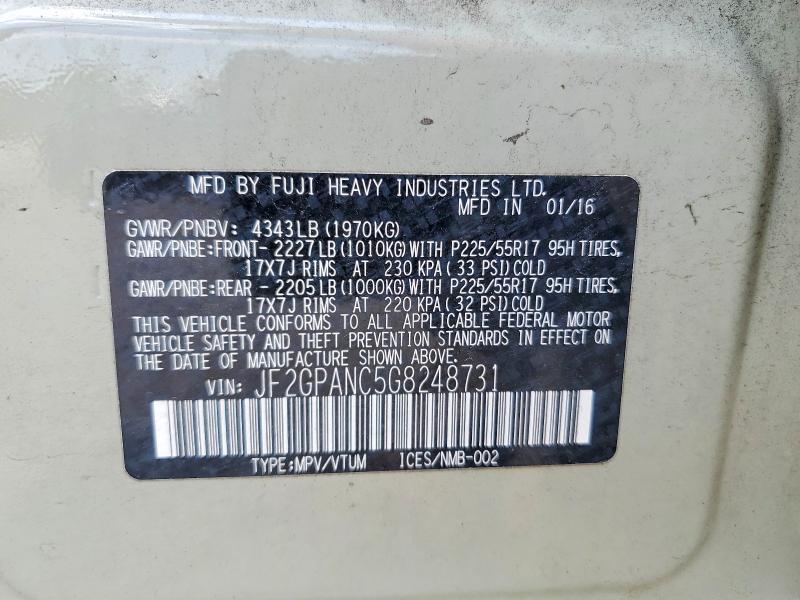 54313266 :رقم المزاد ، JF2GPANC5G8248731 vin ، 2016 Subaru Crosstrek مزاد بيع