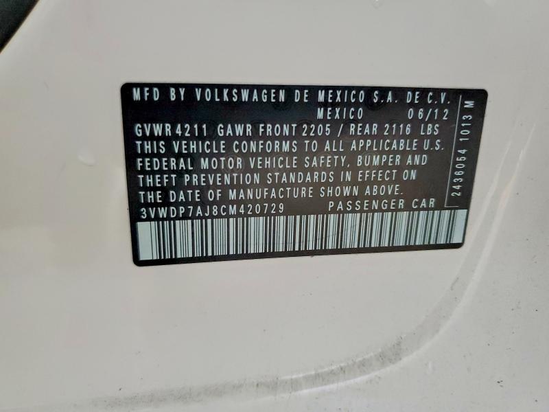 52421376 :رقم المزاد ، 3VWDP7AJ8CM420729 vin ، 2012 Volkswagen Jetta مزاد بيع