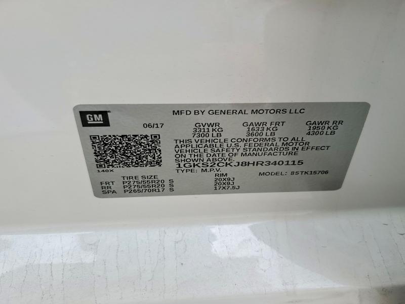 52765306 :رقم المزاد ، 1GKS2CKJ8HR340115 vin ، 2017 Gmc Yukon مزاد بيع