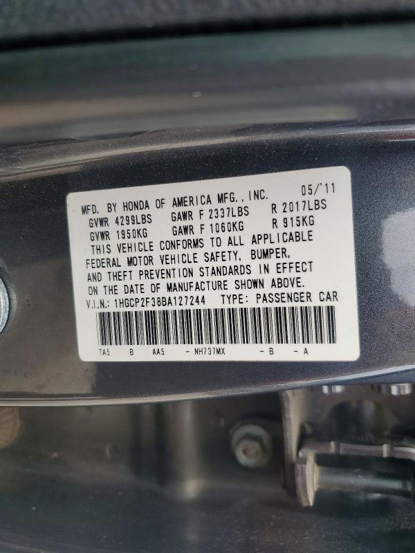 Продаж на аукціоні авто 2011 Honda Accord, vin: 1HGCP2F38BA127244, номер лоту: 52987206