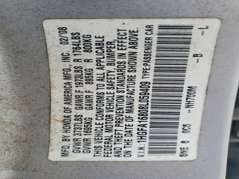 2008 Honda Civic მანქანა იყიდება აუქციონზე, vin: 1HGFA16808L059409, აუქციონის ნომერი: 53117696