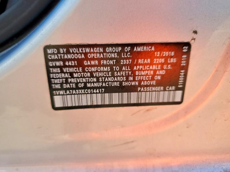 Aukcja sprzedaży 2019 Volkswagen Passat, vin: 1VWLA7A3XKC014417, numer aukcji: 54608386