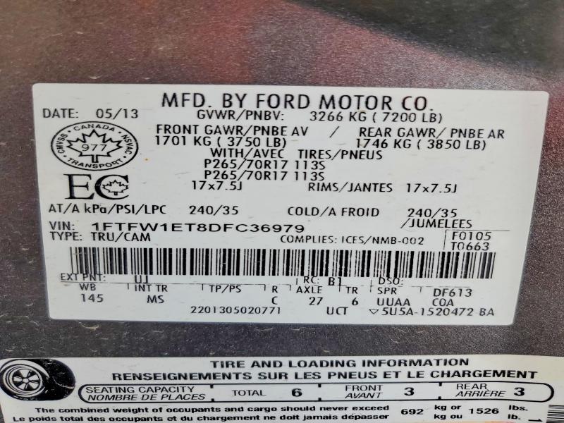54071636 :رقم المزاد ، 1FTFW1ET8DFC36979 vin ، 2013 Ford F150 مزاد بيع