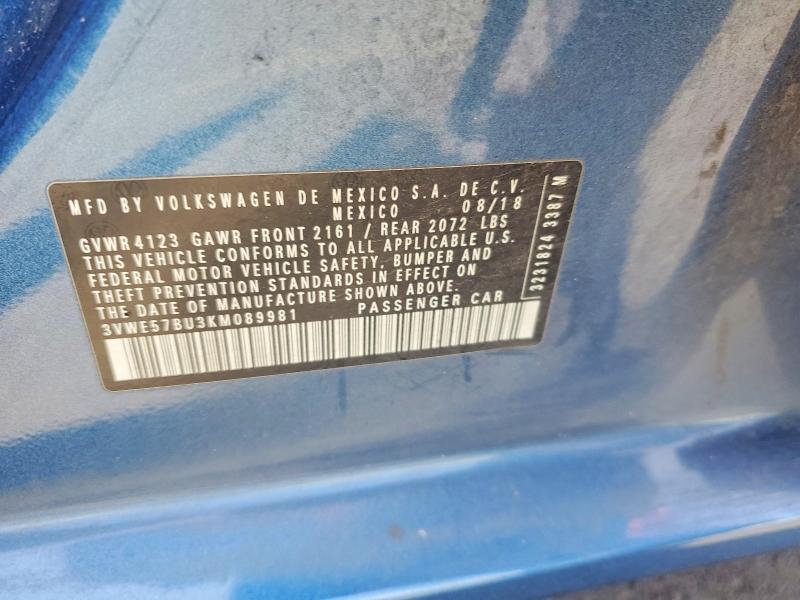 2019 Volkswagen Jetta მანქანა იყიდება აუქციონზე, vin: 3VWE57BU3KM089981, აუქციონის ნომერი: 52743586