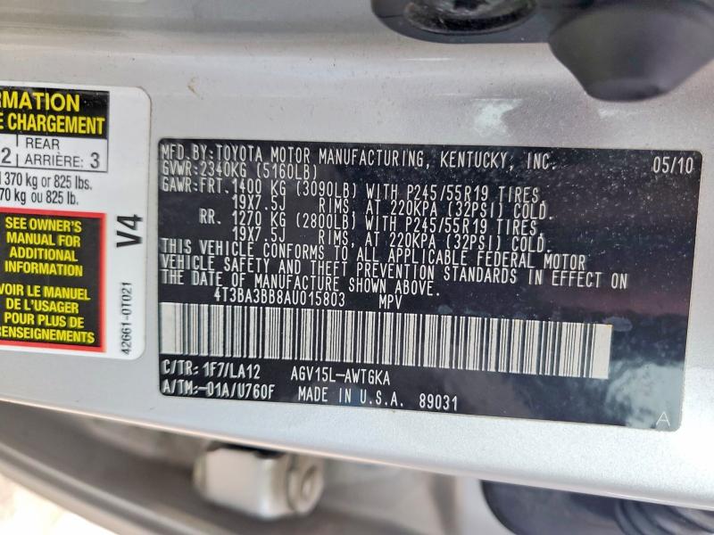Aukcja sprzedaży 2010 Toyota Venza, vin: 4T3BA3BB8AU015803, numer aukcji: 52899486