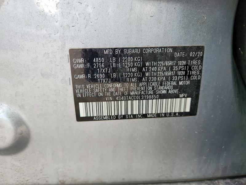 2020 Subaru Outback მანქანა იყიდება აუქციონზე, vin: 4S4BTACC0L3198850, აუქციონის ნომერი: 55507366