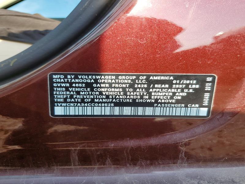 54243766 :رقم المزاد ، 1VWCN7A34CC049525 vin ، 2012 Volkswagen Passat مزاد بيع