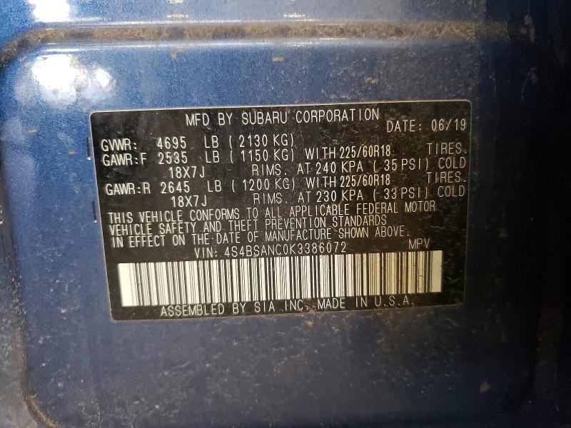 Aukcja sprzedaży 2019 Subaru Outback, vin: 4S4BSANC0K3386072, numer aukcji: 53097266