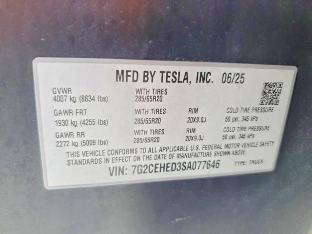 Aukcja sprzedaży 2025 Tesla Cybertruck, vin: 7G2CEHED3SA077646, numer aukcji: 54559996