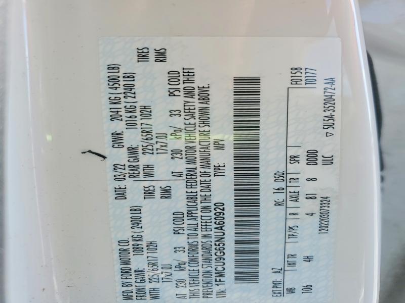 Продаж на аукціоні авто 2022 Ford Escape, vin: 1FMCU9G65NUA60920, номер лоту: 54392846