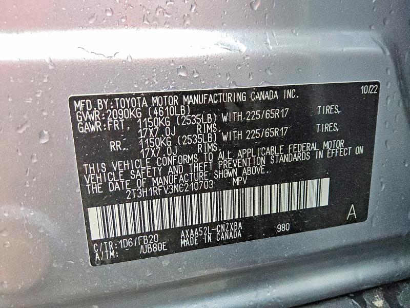 54108696 :رقم المزاد ، 2T3H1RFV3NC210703 vin ، 2022 Toyota Rav4 مزاد بيع