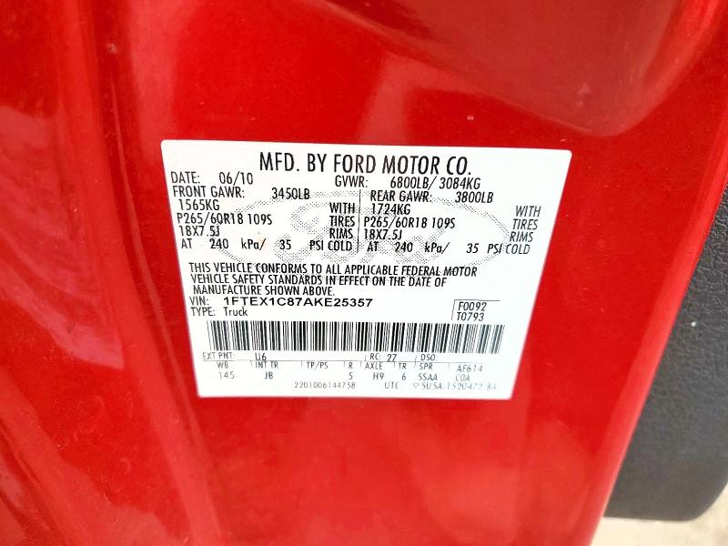 2010 Ford F150 მანქანა იყიდება აუქციონზე, vin: 1FTEX1C87AKE25357, აუქციონის ნომერი: 54462956