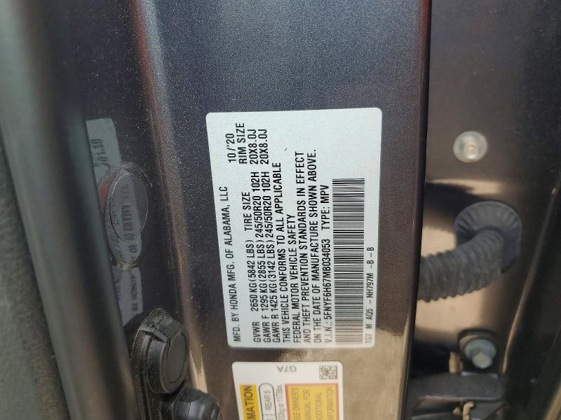 2021 Honda Pilot მანქანა იყიდება აუქციონზე, vin: 5FNYF6H67MB034053, აუქციონის ნომერი: 54427726