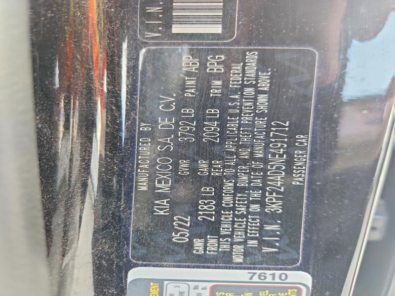 2022 Kia Forte მანქანა იყიდება აუქციონზე, vin: 3KPF24AD5NE491712, აუქციონის ნომერი: 55352636