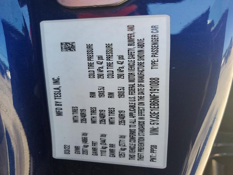 53751666 :رقم المزاد ، 5YJ3E1EB6NF191088 vin ، 2022 Tesla Model 3 مزاد بيع