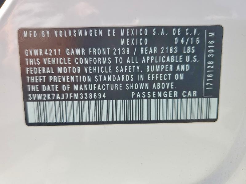 53938206 :رقم المزاد ، 3VW2K7AJ7FM338694 vin ، 2015 Volkswagen Jetta مزاد بيع