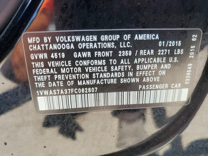 Продажа на аукционе авто 2015 Volkswagen Passat, vin: 1VWAS7A37FC062807, номер лота: 52075196