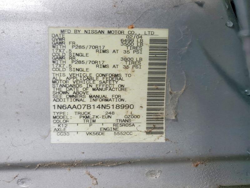 Aukcja sprzedaży 2004 Nissan Titan, vin: 1N6AA07B14N518990, numer aukcji: 52953126