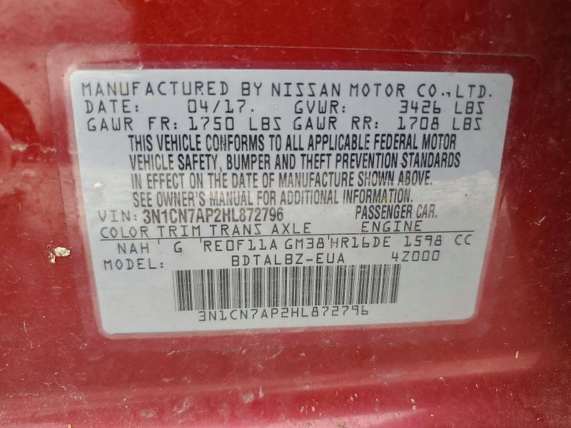 55410656 :رقم المزاد ، 3N1CN7AP2HL872796 vin ، 2017 Nissan Versa مزاد بيع