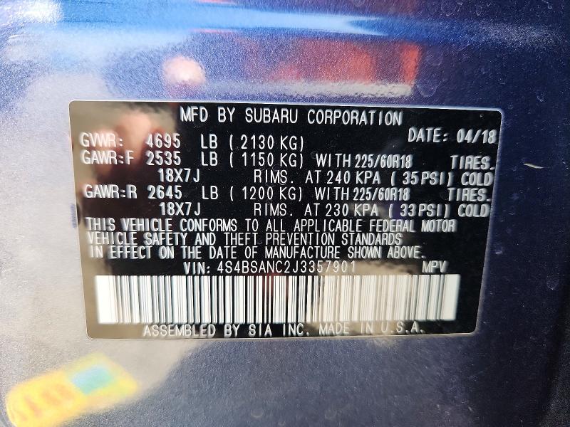 Aukcja sprzedaży 2018 Subaru Outback, vin: 4S4BSANC2J3357901, numer aukcji: 53447066