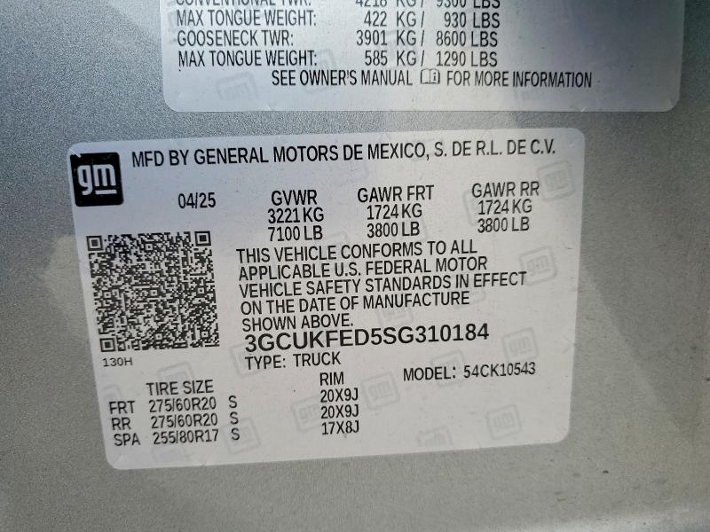 Aukcja sprzedaży 2025 Chevrolet Silverado, vin: 3GCUKFED5SG310184, numer aukcji: 52479176