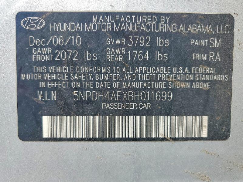 2011 Hyundai Elantra მანქანა იყიდება აუქციონზე, vin: 5NPDH4AEXBH011699, აუქციონის ნომერი: 52872776