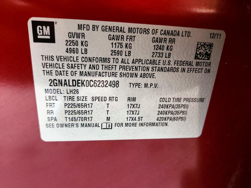55347076 :رقم المزاد ، 2GNALDEK0C6232498 vin ، 2012 Chevrolet Equinox مزاد بيع