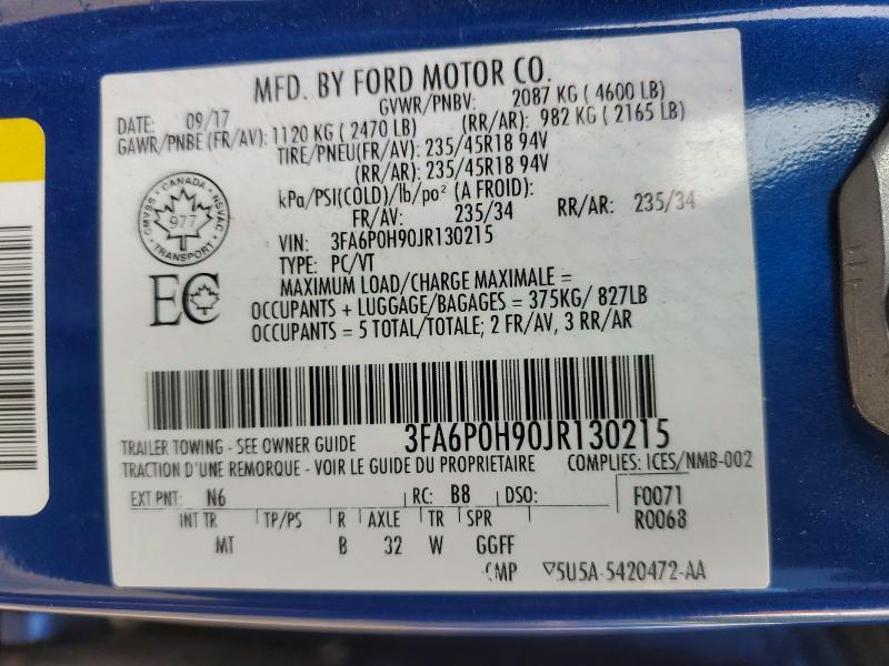 54506056 :رقم المزاد ، 3FA6P0H90JR130215 vin ، 2018 Ford Fusion مزاد بيع