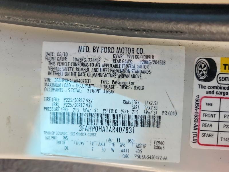 2010 Ford Fusion მანქანა იყიდება აუქციონზე, vin: 3FAHP0HA1AR407831, აუქციონის ნომერი: 51951096