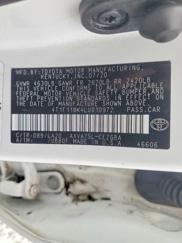 53651946 :رقم المزاد ، 4T1F11BK4LU010972 vin ، 2020 Toyota Camry مزاد بيع